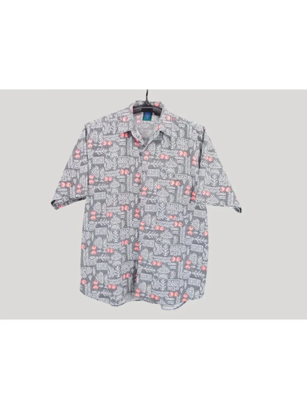 Vintage 80s Mens Shah Safari Gray Pink Hieroglyphs Button Shirt Size XL Abstract - Picture 11 of 11